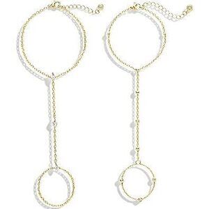 Gold Hand Chain Bracelets For Women, 2 Pcs 14K Gold Plated Cubic Zirconia Link